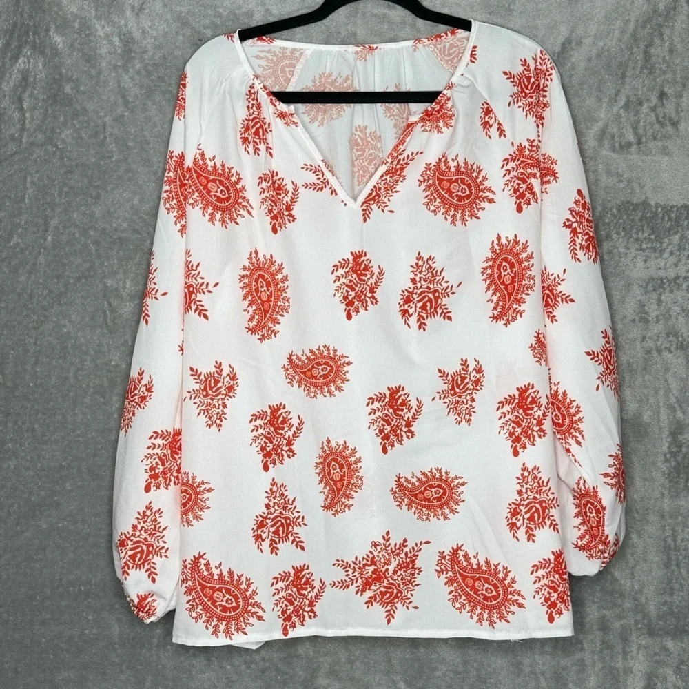 Amazon XL Shirt Top White Orange Paisley Long Sleeve V Neck Sheer Stretch Women